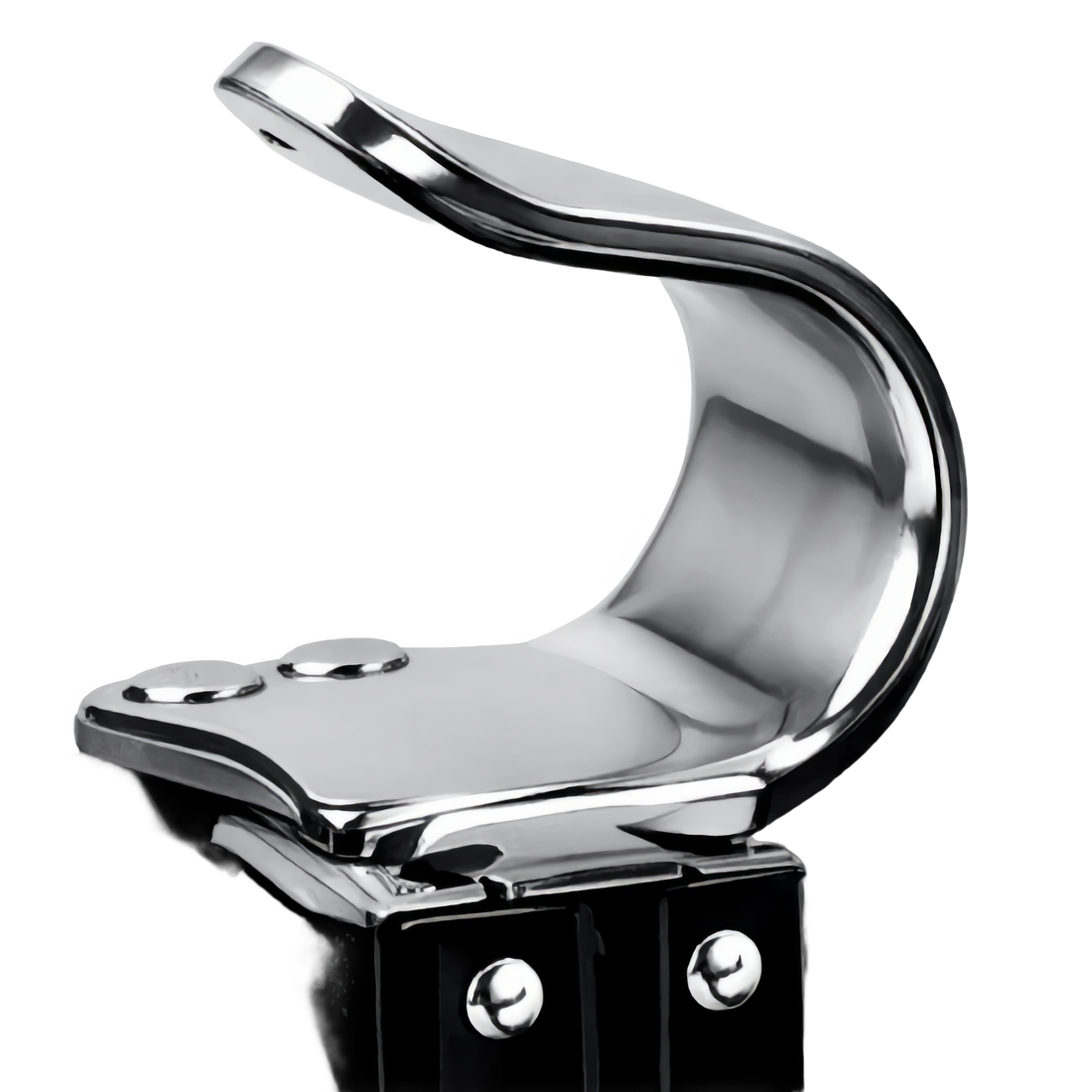 Close-up of the polished steel hook and riveted mounting plate