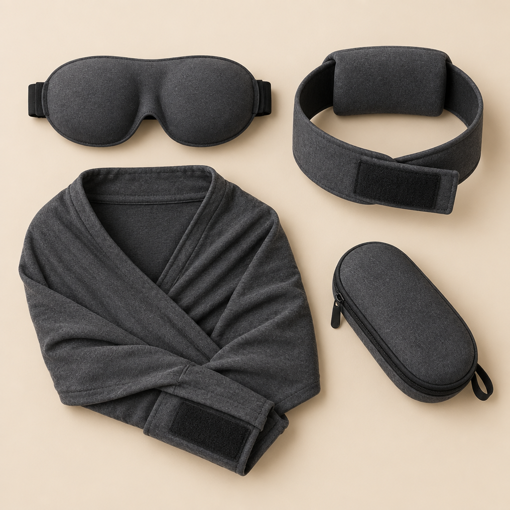 NODORA 3-in-1 Travel Sleep Set flat lay: eye mask, head support, arm wrap and pouch